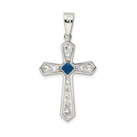 Sterling Silver Rhodium-plated Blue CZ Center & CZ Passion Cross Pendant