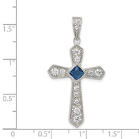 Sterling Silver Rhodium-plated Blue CZ Center & CZ Passion Cross Pendant