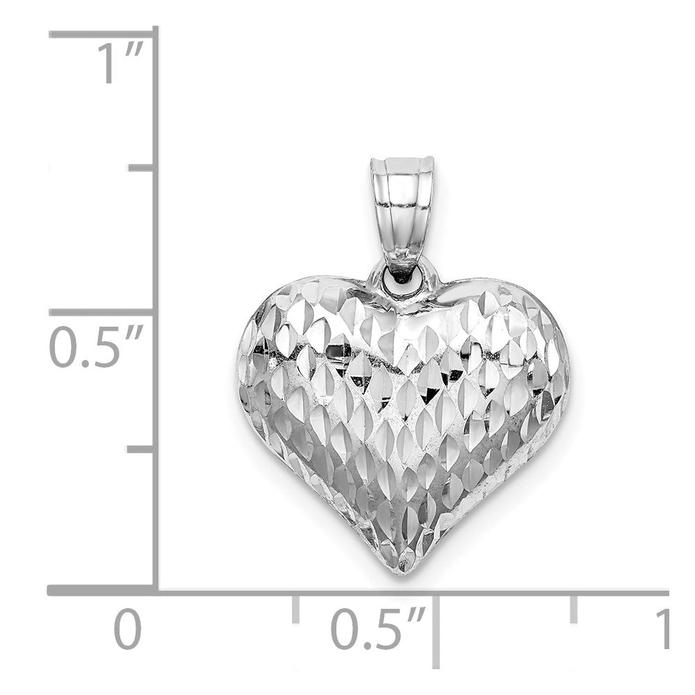 Sterling Silver Rhodium-plated Diamond-cut Puffed Heart Pendant
