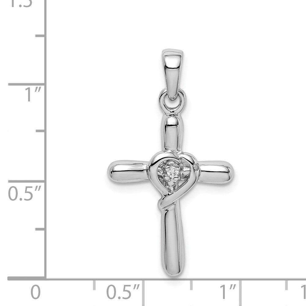 Sterling Silver Rhodium-plated White CZ Heart Cross Pendant