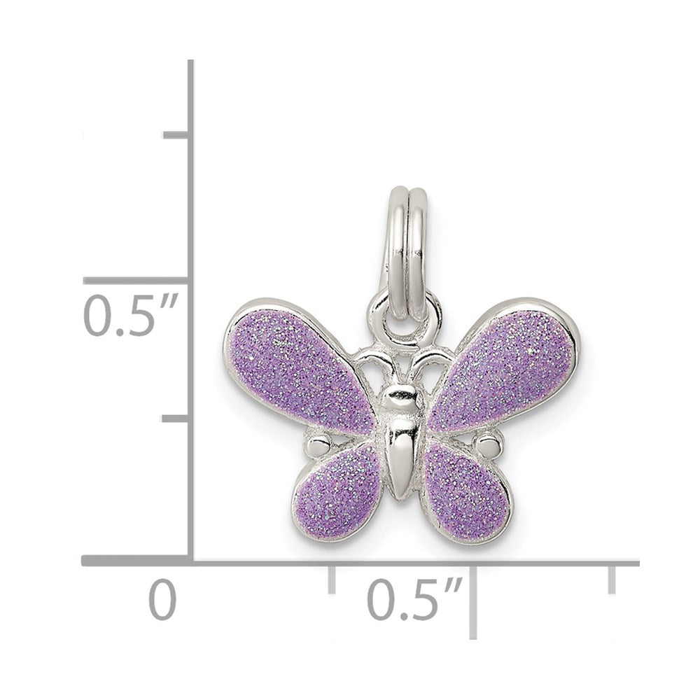 Sterling Silver Rhodium-plated Purple Enamel Polished Butterfly Charm