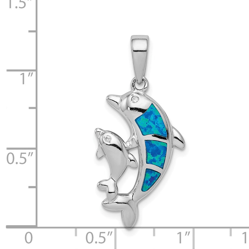 Sterling Silver Rhodium-plated Blue Inlay Created Opal Dolphin Pendant