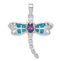 Sterling Silver Rhodium-plated Created Opal Dragonfly Amethyst Pendant