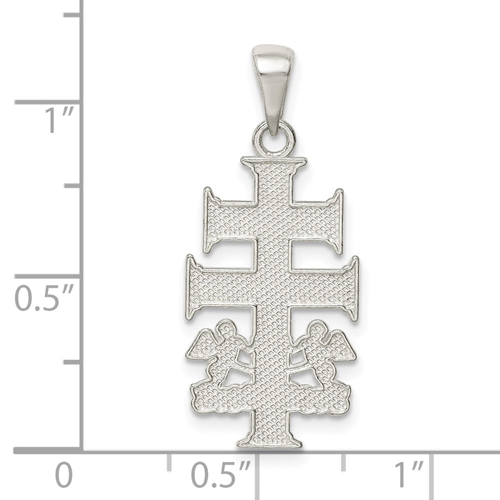 Sterling Silver Polished Caravaca Double Cross w/Angels Crucifix Pendant