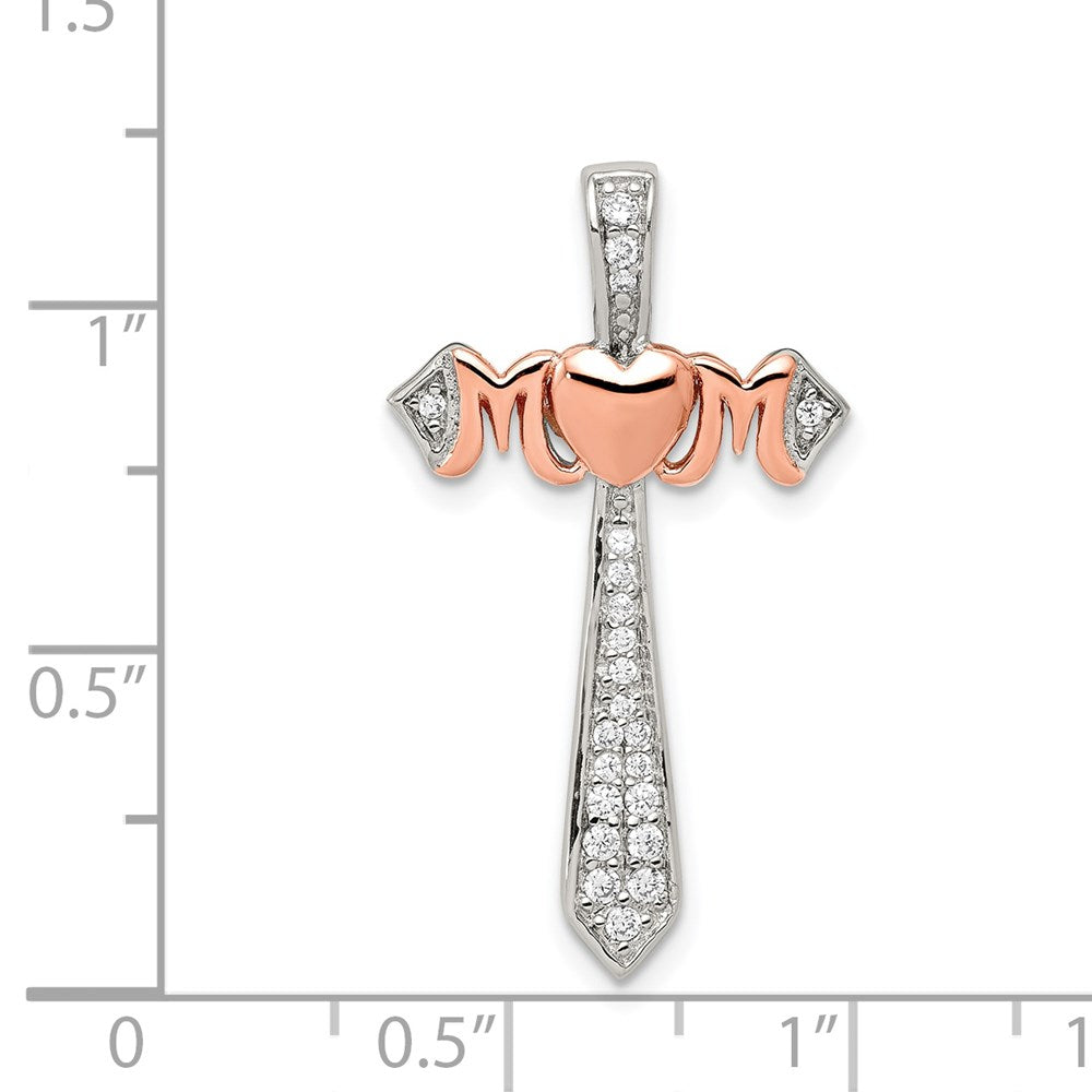 Sterling Silver Polished Rhodium & Rose Gold-plated Mom CZ Cross Pendant