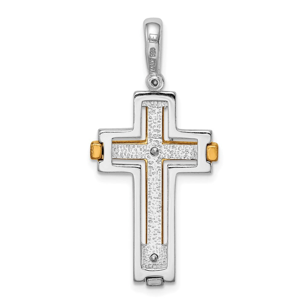 Sterling Silver Rhodium-plated & Gold-tone Brshd/Polished Cross Pendant