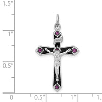 Sterling Silver Platinum-plated Black Epxy Purple CZ INRI Cross Pendant