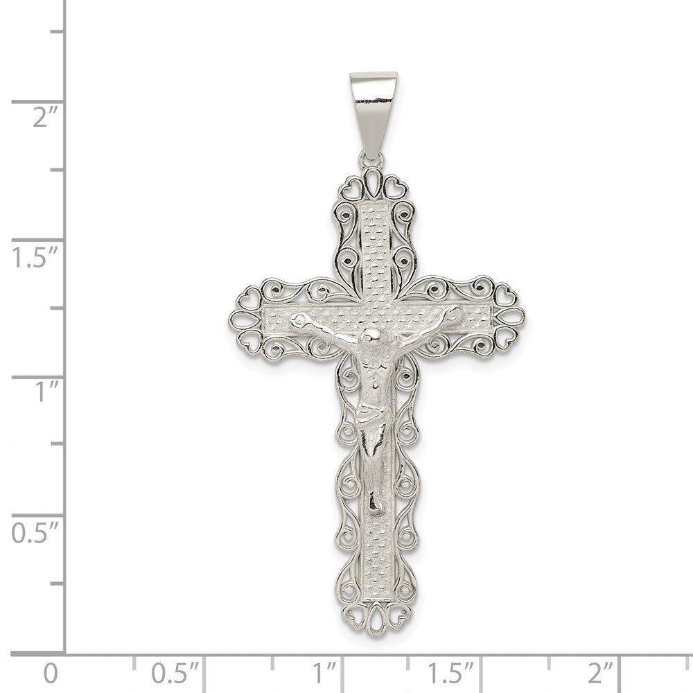 Sterling Silver Polished Filigree Cross Crucifix Pendant