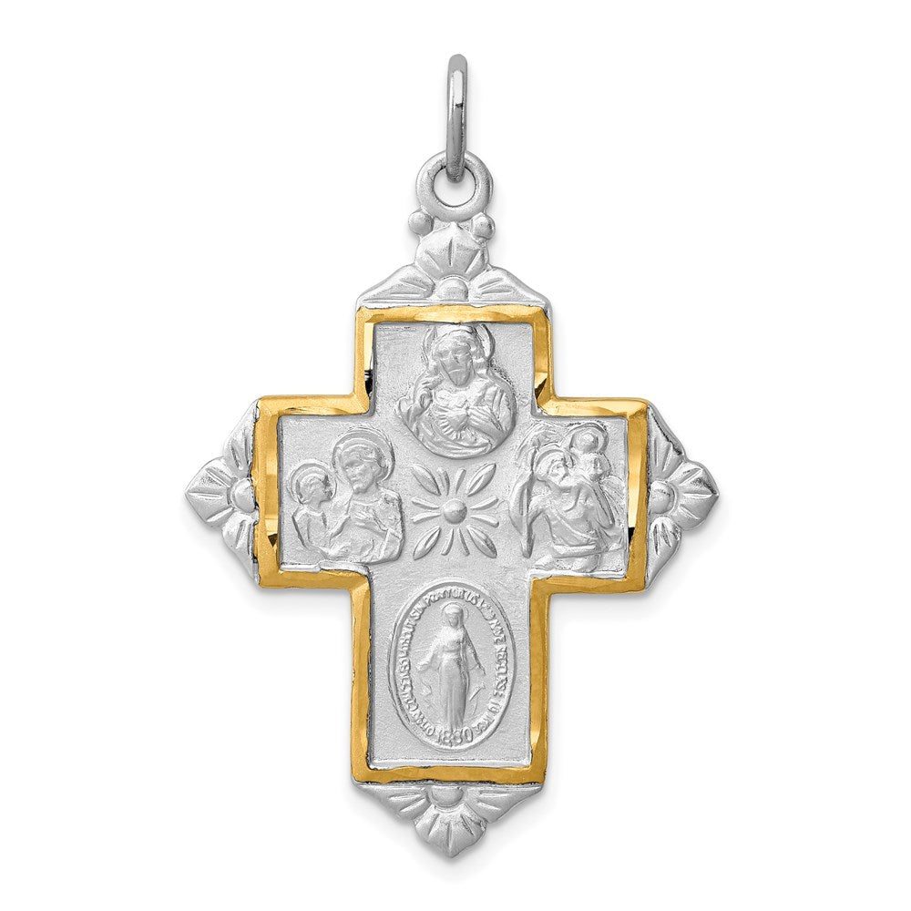 Sterling Silver Platinum-plated & Gold-tone 4-Way Medal Cross Pendant
