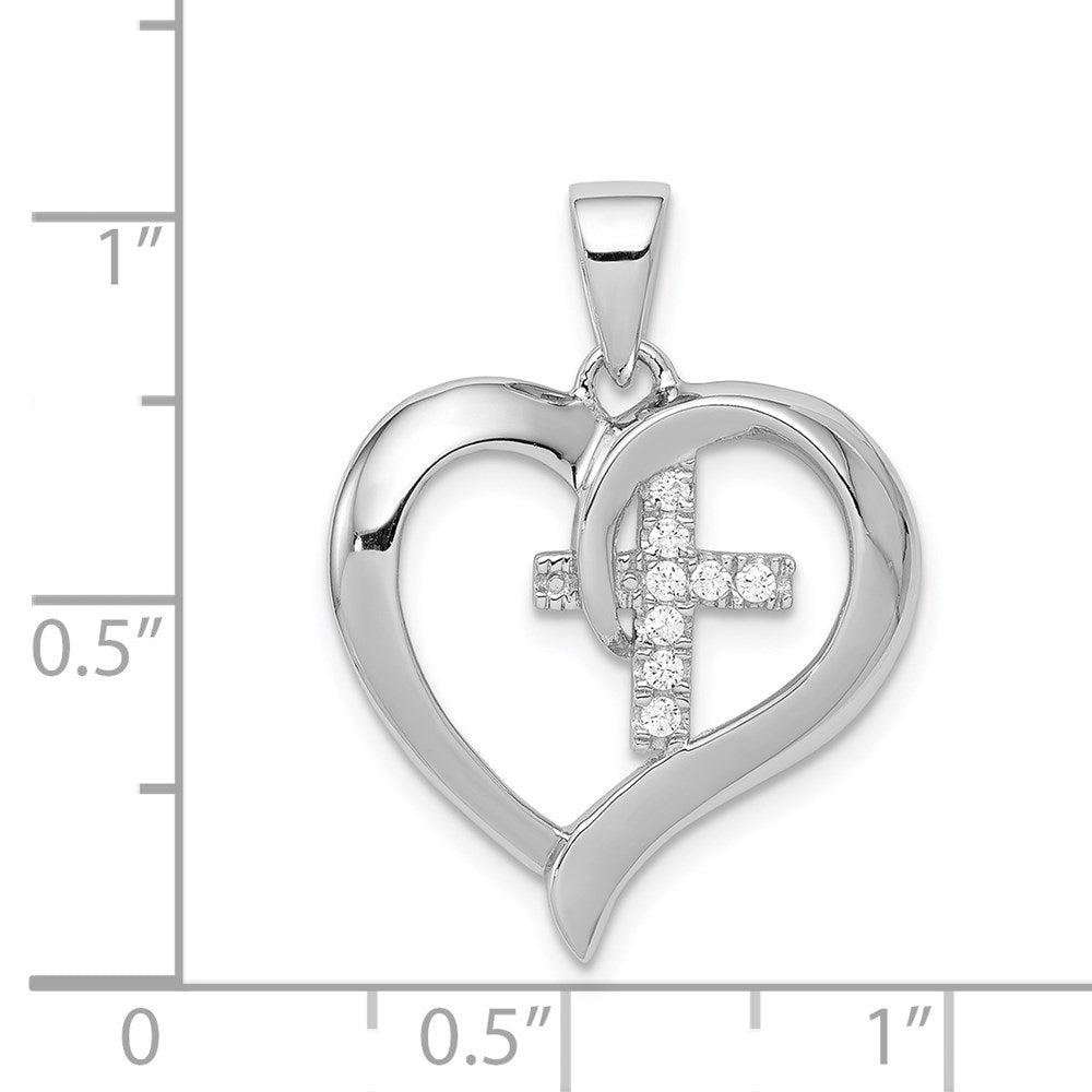 Sterling Silver Rhodium-plated Polished Heart with CZ Cross Pendant