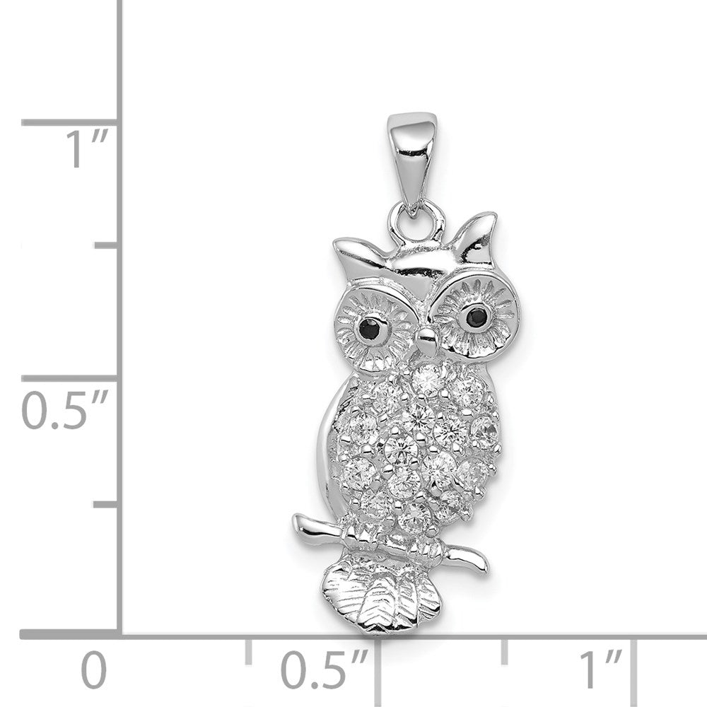 Sterling Silver Rhodium-plated CZ Owl Pendant