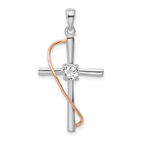 Sterling Silver Rhodium & Rose-tone Polished CZ Cross Pendant