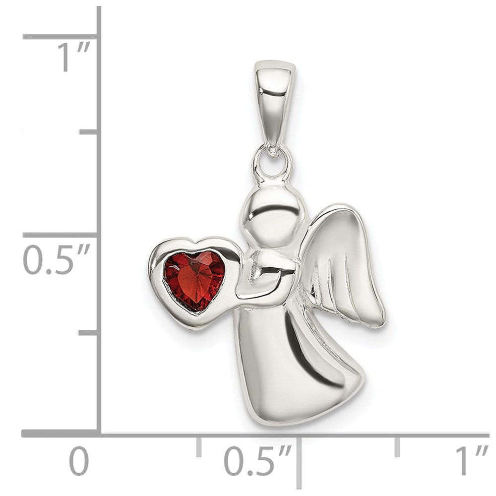 Sterling Silver Angel w/Dark Red CZ Heart Pendant