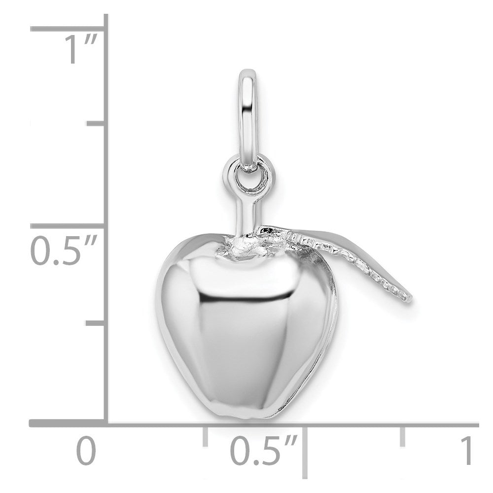 Sterling Silver Rhodium Plated Polished Puffed Apple w/ Leaf Charm