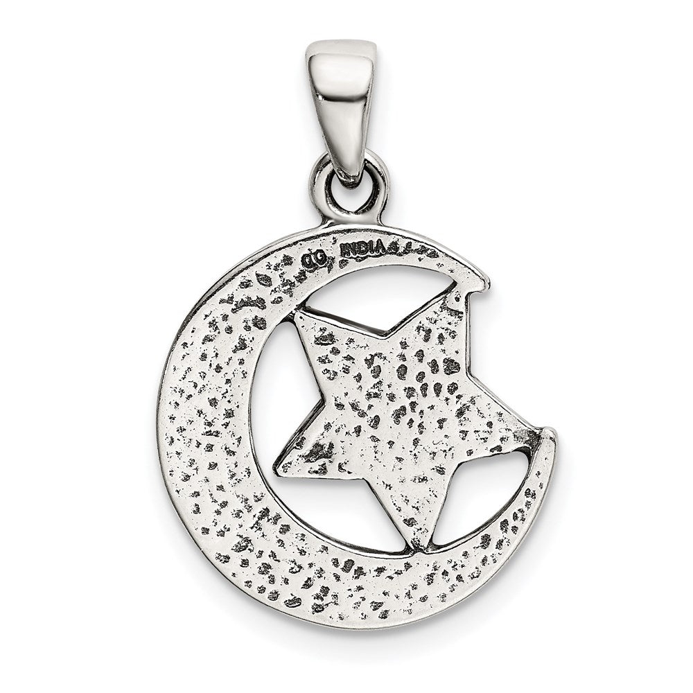 Sterling Silver LOVE YOU TO THE MOON Antiqued Star and Moon Pendant