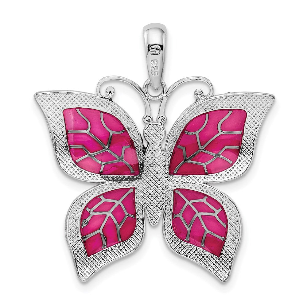 Sterling Silver Rhod-plated Polished Enameled Fuchsia Butterfly Pendant
