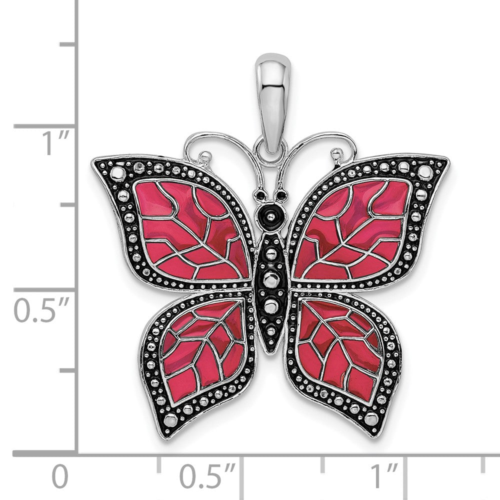 Sterling Silver Rhod-plated Polished Enameled Fuchsia Butterfly Pendant