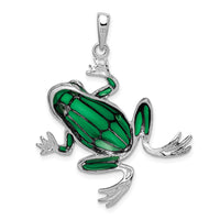 Sterling Silver Rhodium-plated Polished Enameled Green Frog Pendant