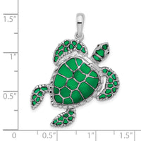 Sterling Silver Rhod-plated Polished Enameled Green Sea Turtle Pendant