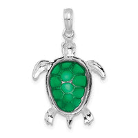 Sterling Silver Rhod-plated Polished Enameled Green Sea Turtle Pendant