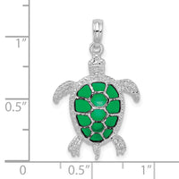 Sterling Silver Rhod-plated Polished Enameled Green Sea Turtle Pendant