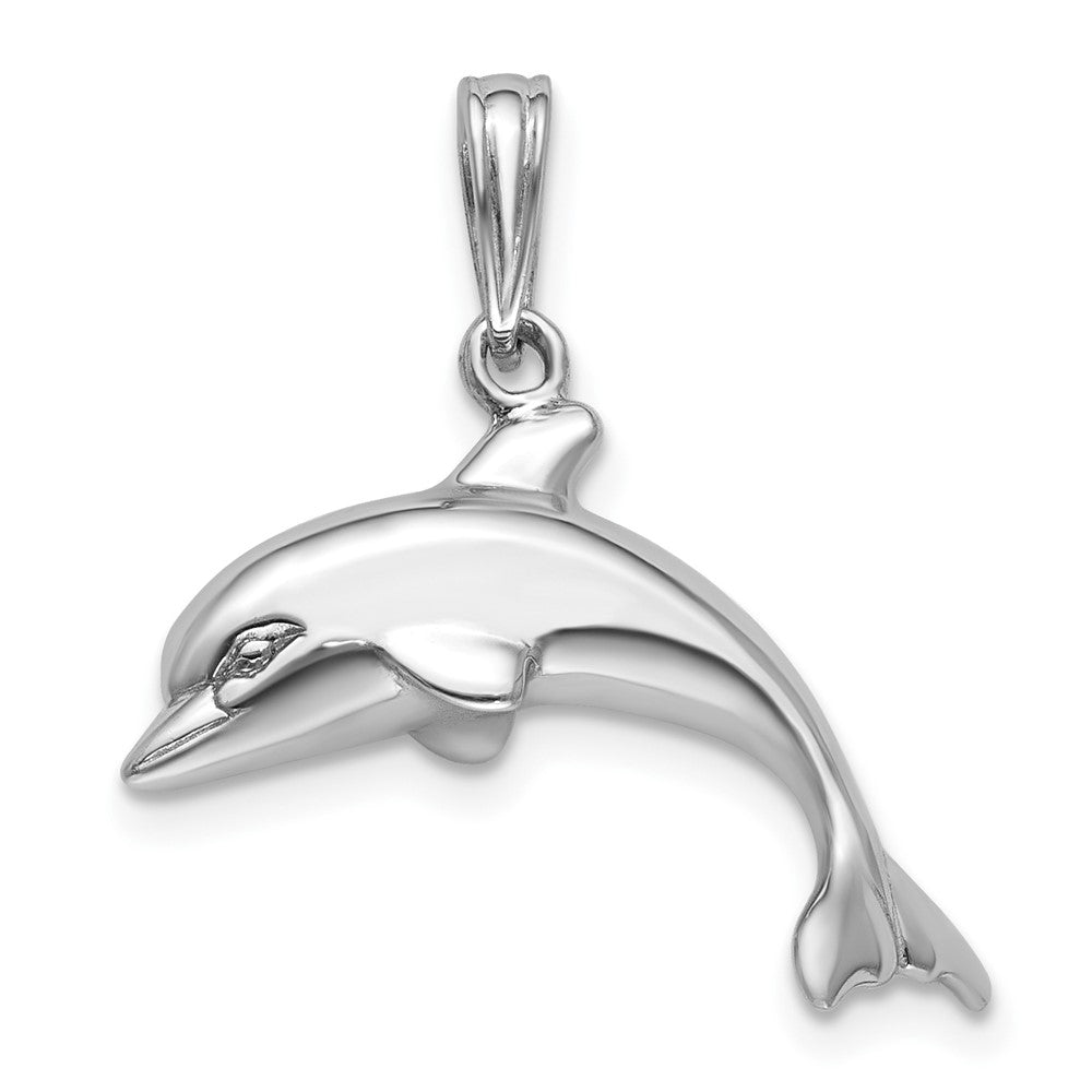 Sterling Silver Rhodium-plated Polished 3D Jumping Dolphin Pendant