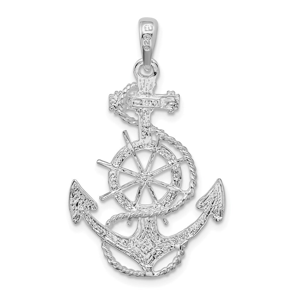 Sterling Silver Rhodium-plated Polished Anchor w/Ships Wheel Pendant