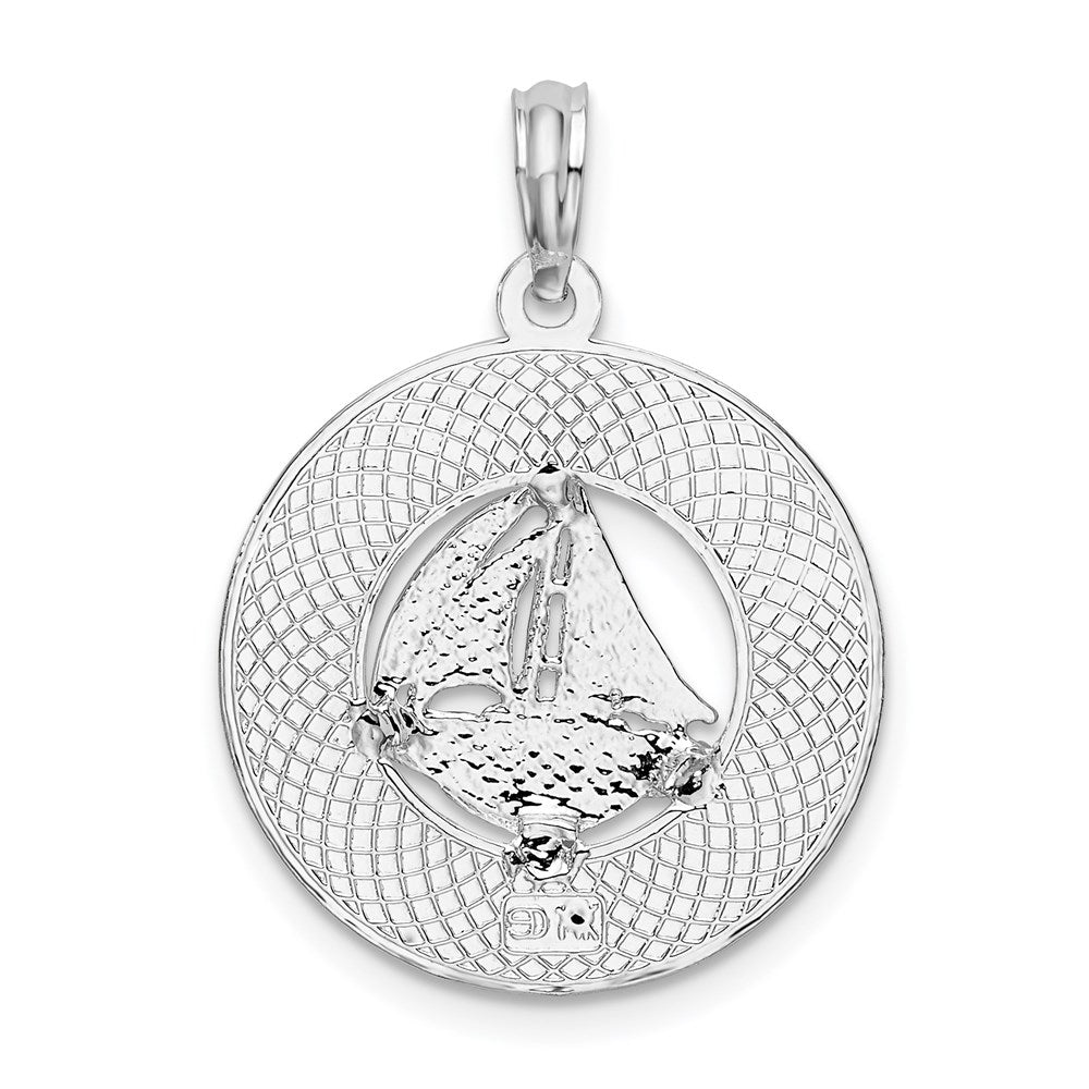 Sterling Silver Rhodium-plated Textured Key West w/Sailboat Pendant