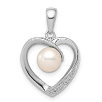 Sterling Silver Rhodium 6mm FW Cultured Pearl & Diamond Heart Pendant