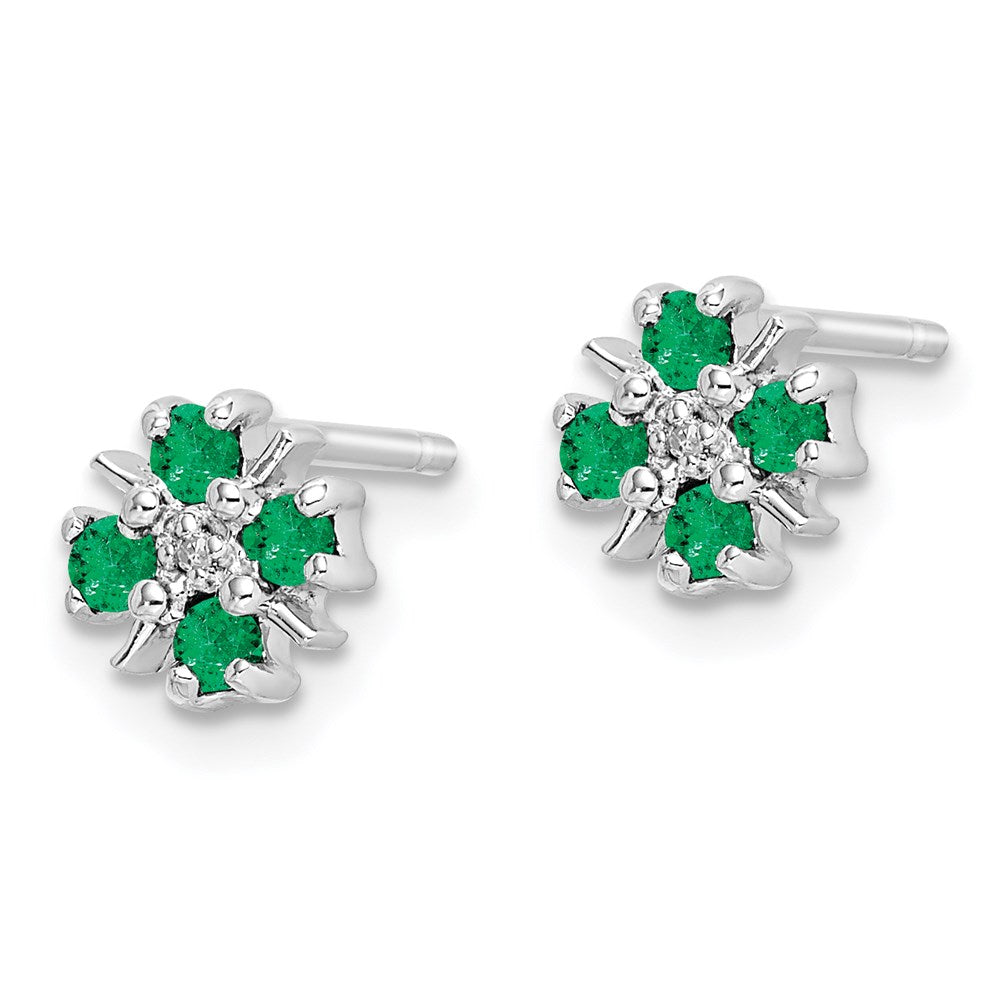 Sterling Silver Rhodium Emerald & Diamond Post Earrings