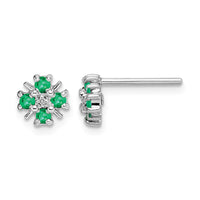 Sterling Silver Rhodium Emerald & Diamond Post Earrings