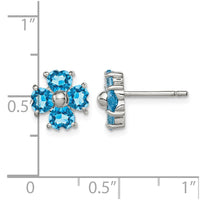 Sterling Silver Rhodium Plated Blue Topaz Flower Post Earrings