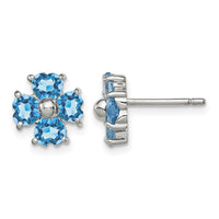 Sterling Silver Rhodium Plated Blue Topaz Flower Post Earrings