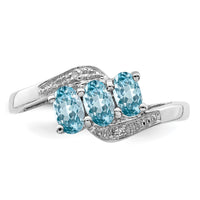 Sterling Silver Rhodium 3 Stone Light Swiss Blue Topaz & Diamond Ring