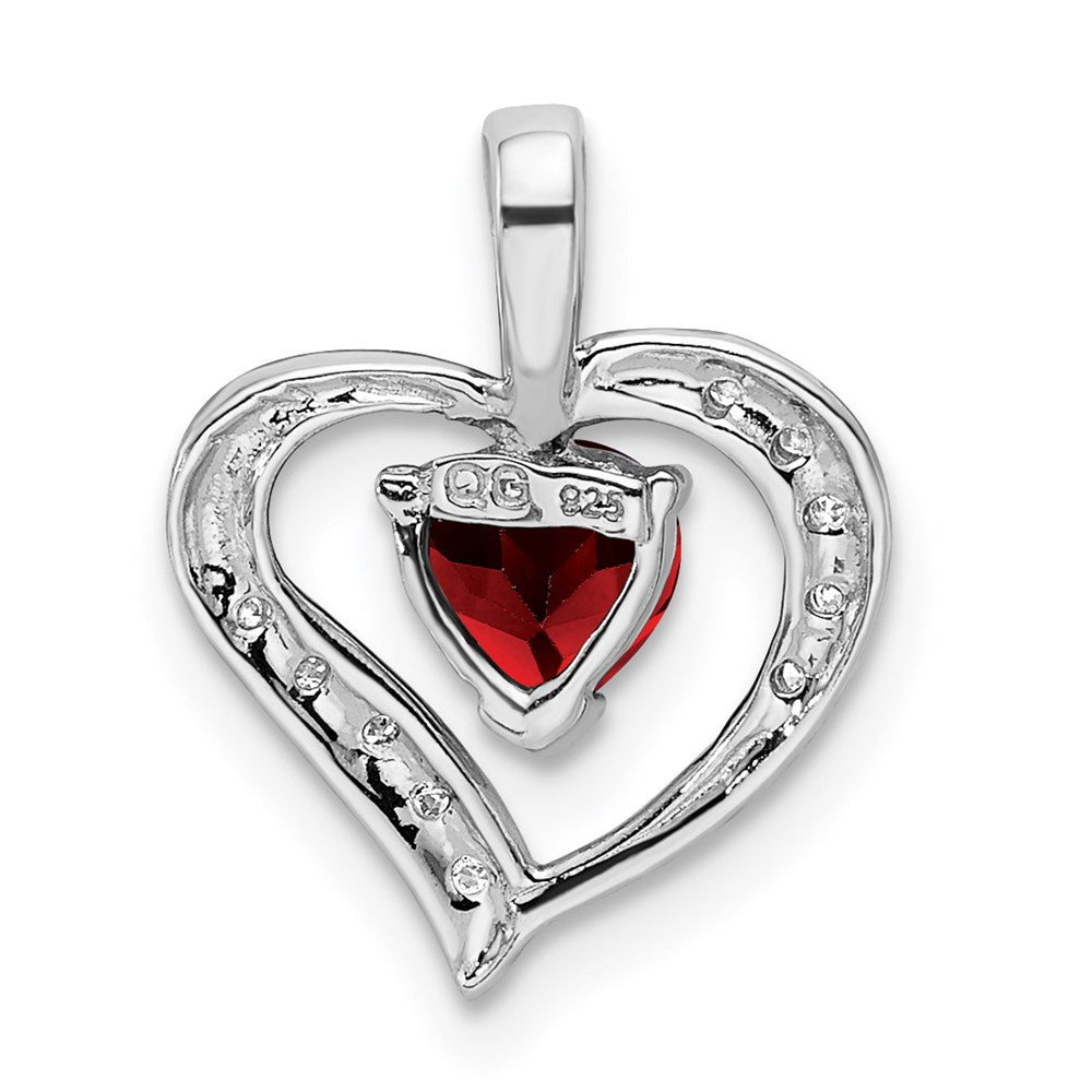 Sterling Silver Rhodium Heart Garnet & Diamond Heart Pendant