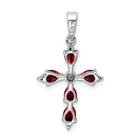 Sterling Silver Rhodium Pear Garnet Cross Pendant