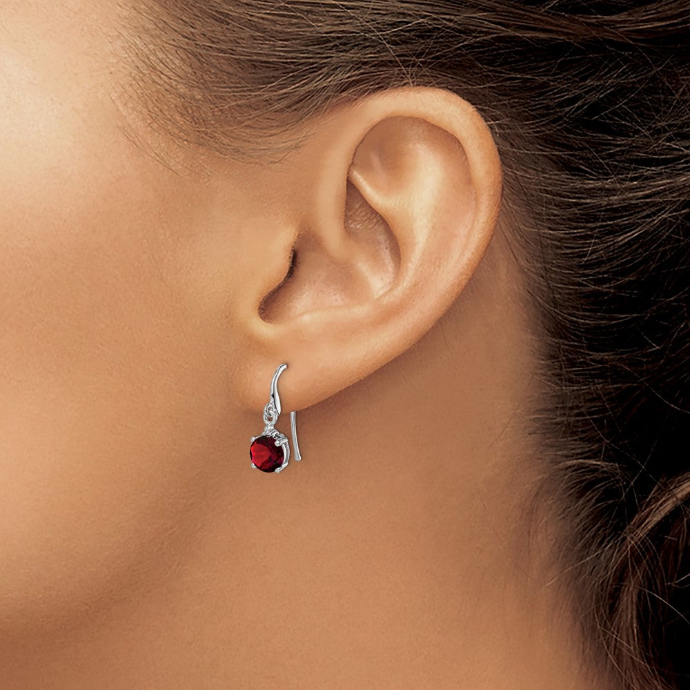 Sterling Silver Rhodium Plated Round Garnet and Diamond Wire Earrings