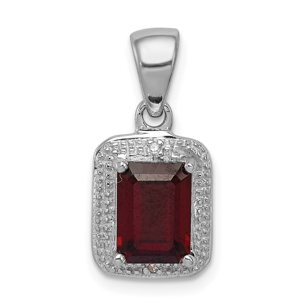Sterling Silver Rhodium Emerald-cut Garnet & Diamond Pendant