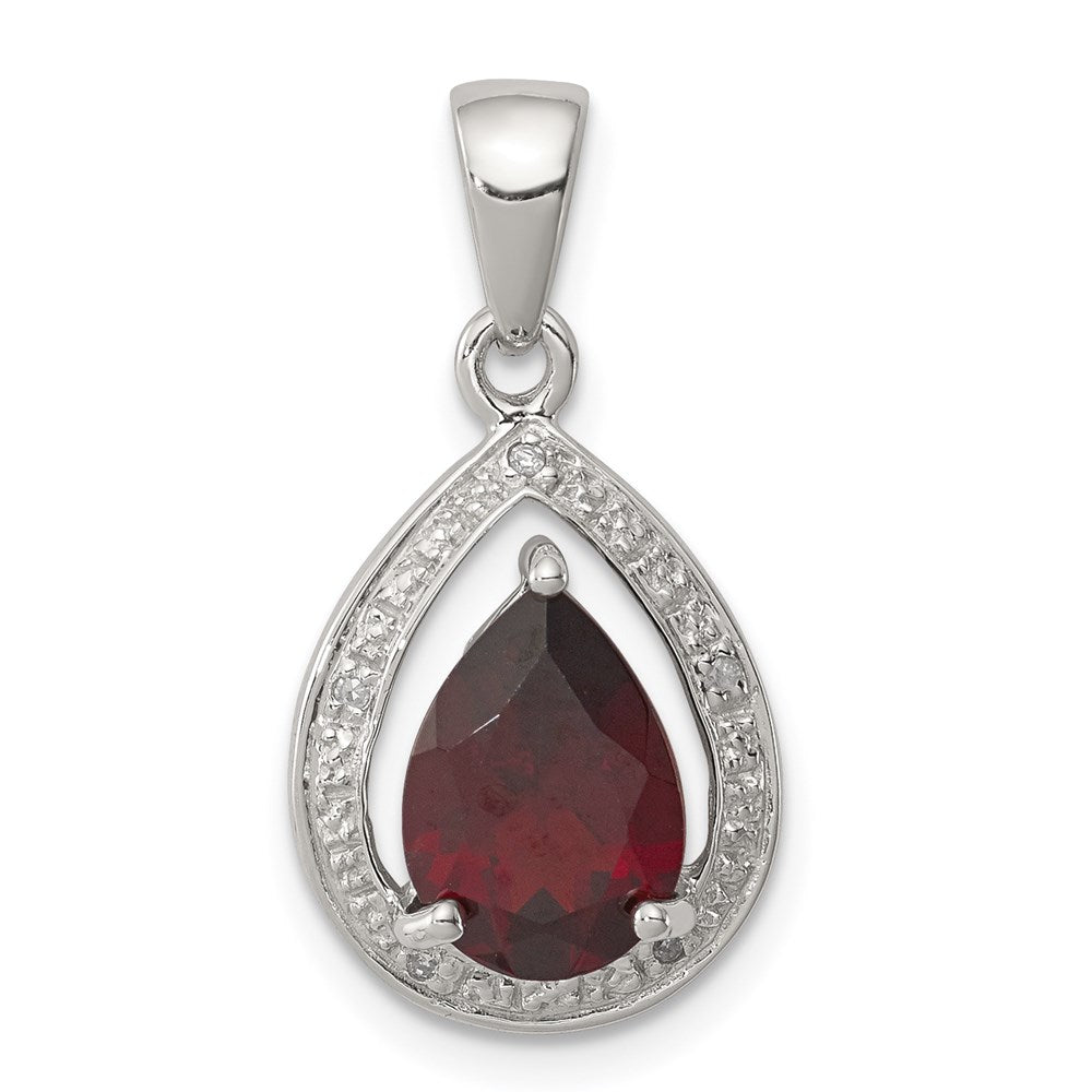Sterling Silver Rhodium Garnet & Diamond Pendant