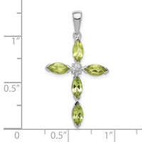Sterling Silver Rhodium Plated Peridot and Diamond Cross Pendant