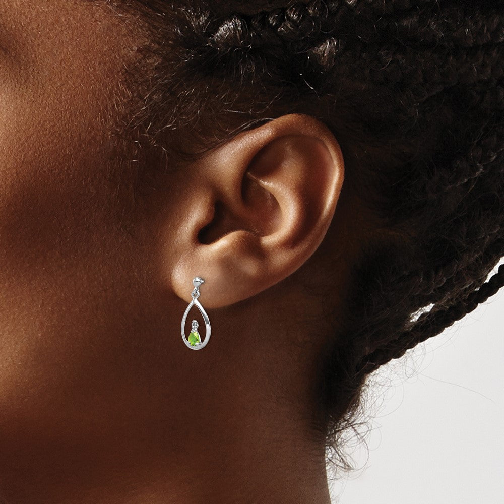 Sterling Silver Rhodium Plated Pear Peridot and Diamond Post Earrings