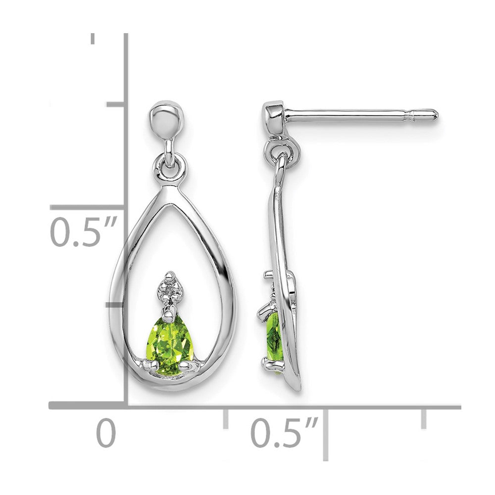 Sterling Silver Rhodium Plated Pear Peridot and Diamond Post Earrings