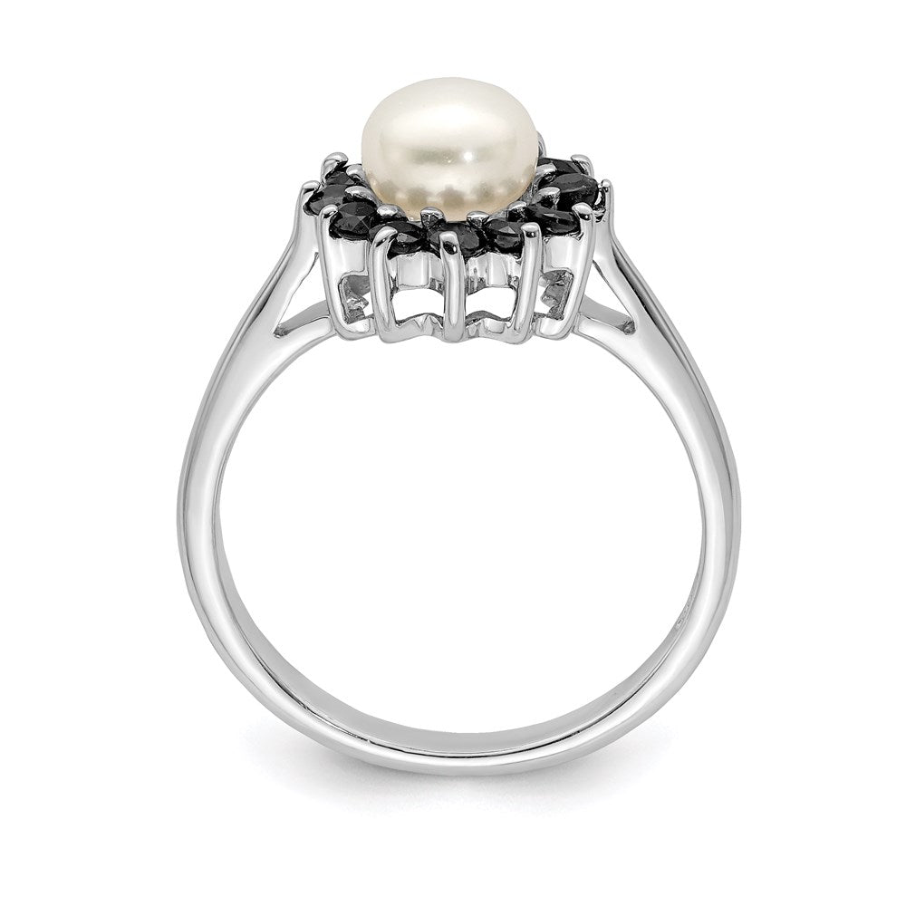 Sterling Silver Rhodium 6mm FW Cultured Button Pearl & Sapphire Ring