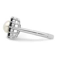 Sterling Silver Rhodium 6mm FW Cultured Button Pearl & Sapphire Ring