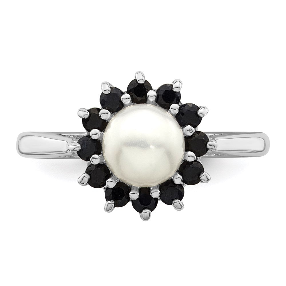 Sterling Silver Rhodium 6mm FW Cultured Button Pearl & Sapphire Ring