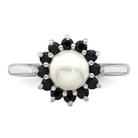 Sterling Silver Rhodium 6mm FW Cultured Button Pearl & Sapphire Ring