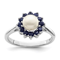 Sterling Silver Rhod 6mm FW Cultured Button Pearl & Sapphire Ring
