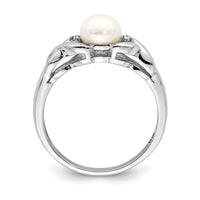 Sterling Silver Rhodium FW Cultured Button Pearl & Diamond Ring