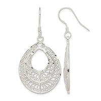 Sterling Silver Polished Textured D/C Filigree Teardrop Dangle Earrings