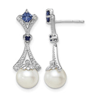 Sterling Silver Rhod Plated Dia. FW Cultured Pearl/Cr. Sapphire Ear
